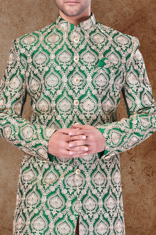 Green Art Silk Wedding Sherwani (NMK-6767) - Nihal Fashions