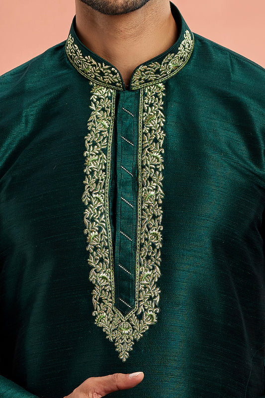 Green Banarasi Art Silk Kurta Pajama (NMK-7938) - Nihal Fashions