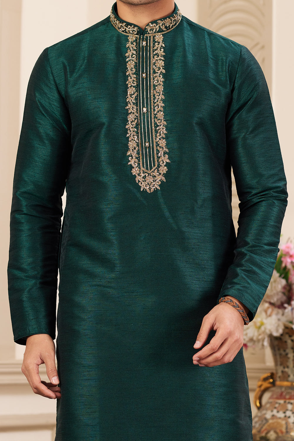 Green Banarasi Art Silk Kurta Pajama (NMK-8474) - Nihal Fashions