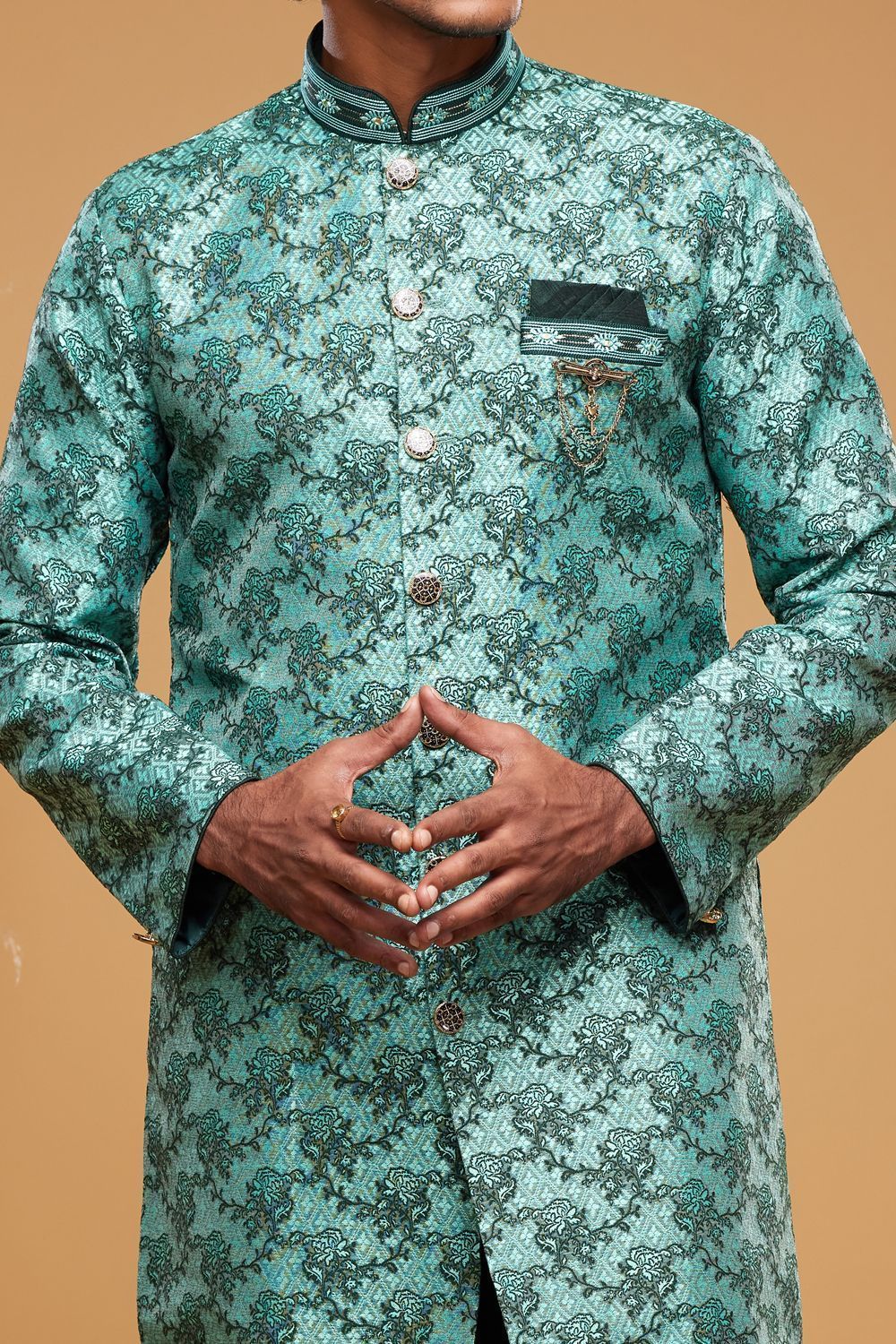 Green Banarasi Jaquard Indo Western for Men (NMK-7035) - Nihal Fashions
