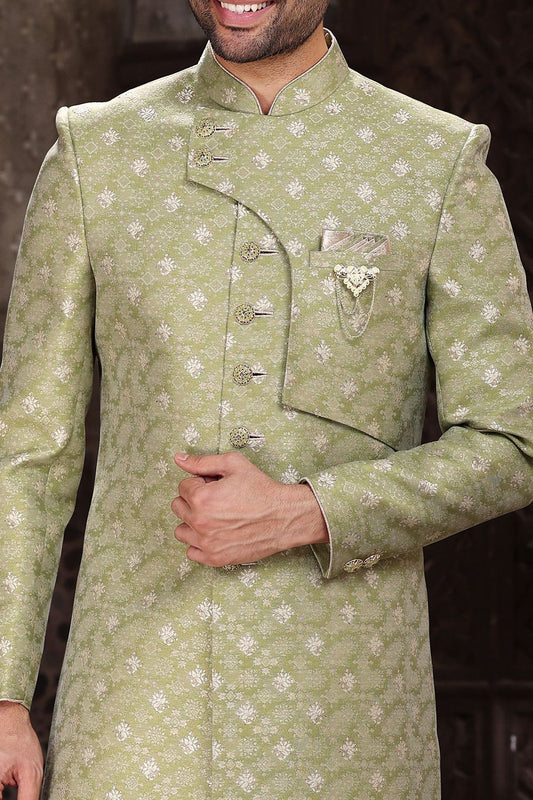 Green Banarasi Jaquard Indo Western (NMK-6855) - Nihal Fashions