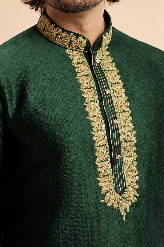 Green Jaquard Art Silk Mens Kurta Pajama (NMK-7925) - Nihal Fashions