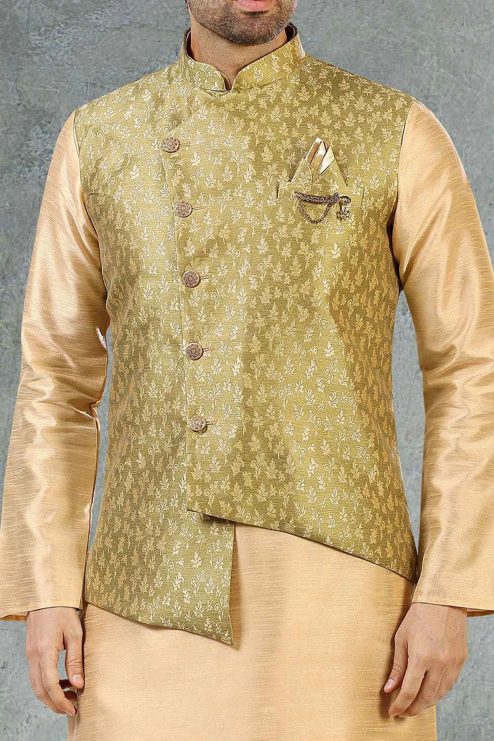 Green Jaquard Banarasi Silk Mens Nehru Jacket (NMK-5225)