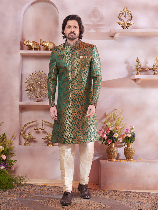 Green Jaquard Banarasi Silk Sherwani (NMK-8314) - Nihal Fashions
