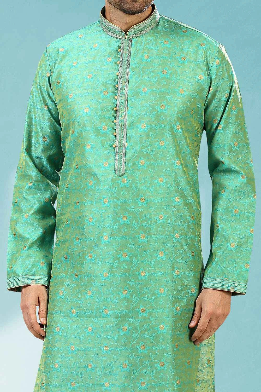 Green Jaquard Silk Brocade Kurta Pajama for Men (NMK-5188)