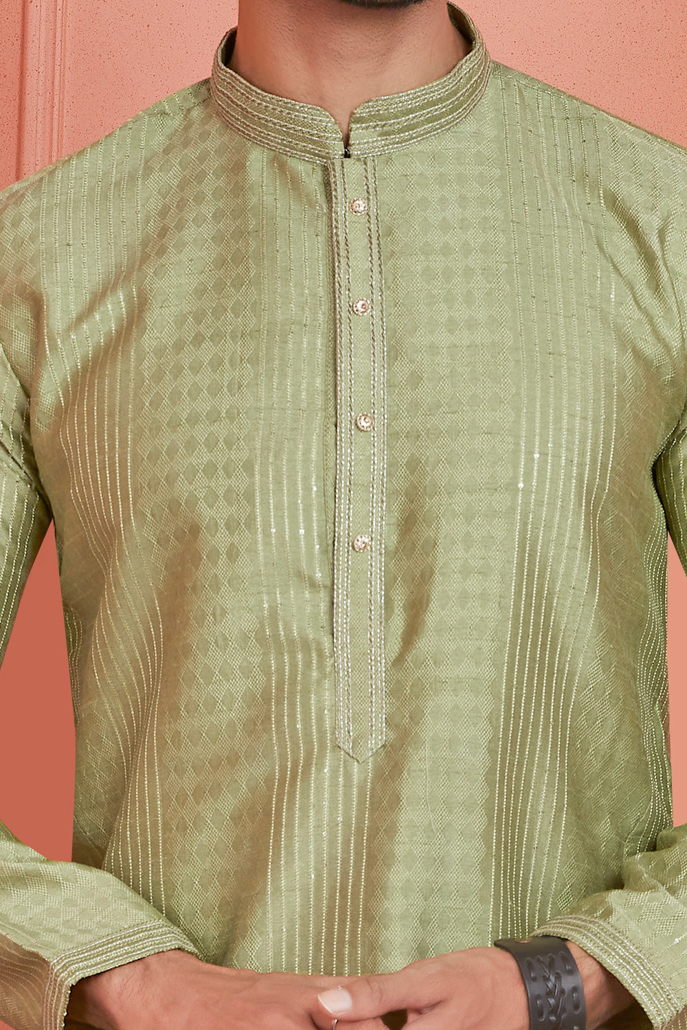 Green Jaquard Silk Brocade Kurta Pajama (NMK-8148) - Nihal Fashions