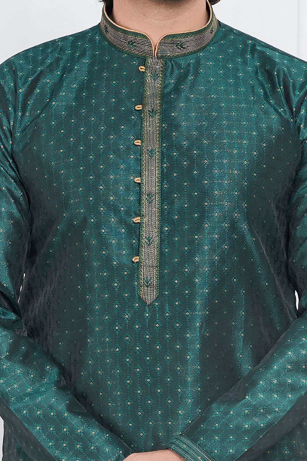 Green Jaquard Silk Brocade Kurtas for Men (NMK-7744) - Nihal Fashions