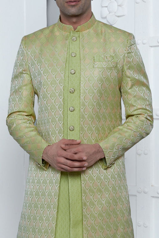 Green Jaquard Silk Indo Western (NMK-7171) - Nihal Fashions