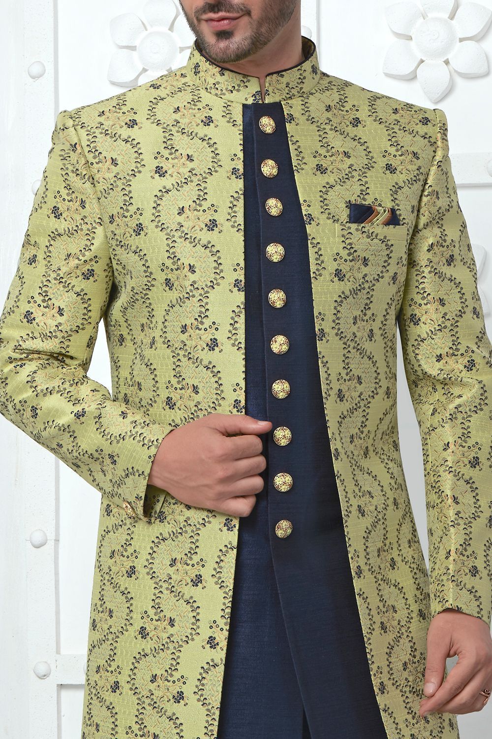 Green Jaquard Silk Mens Indo Western (NMK-7178) - Nihal Fashions