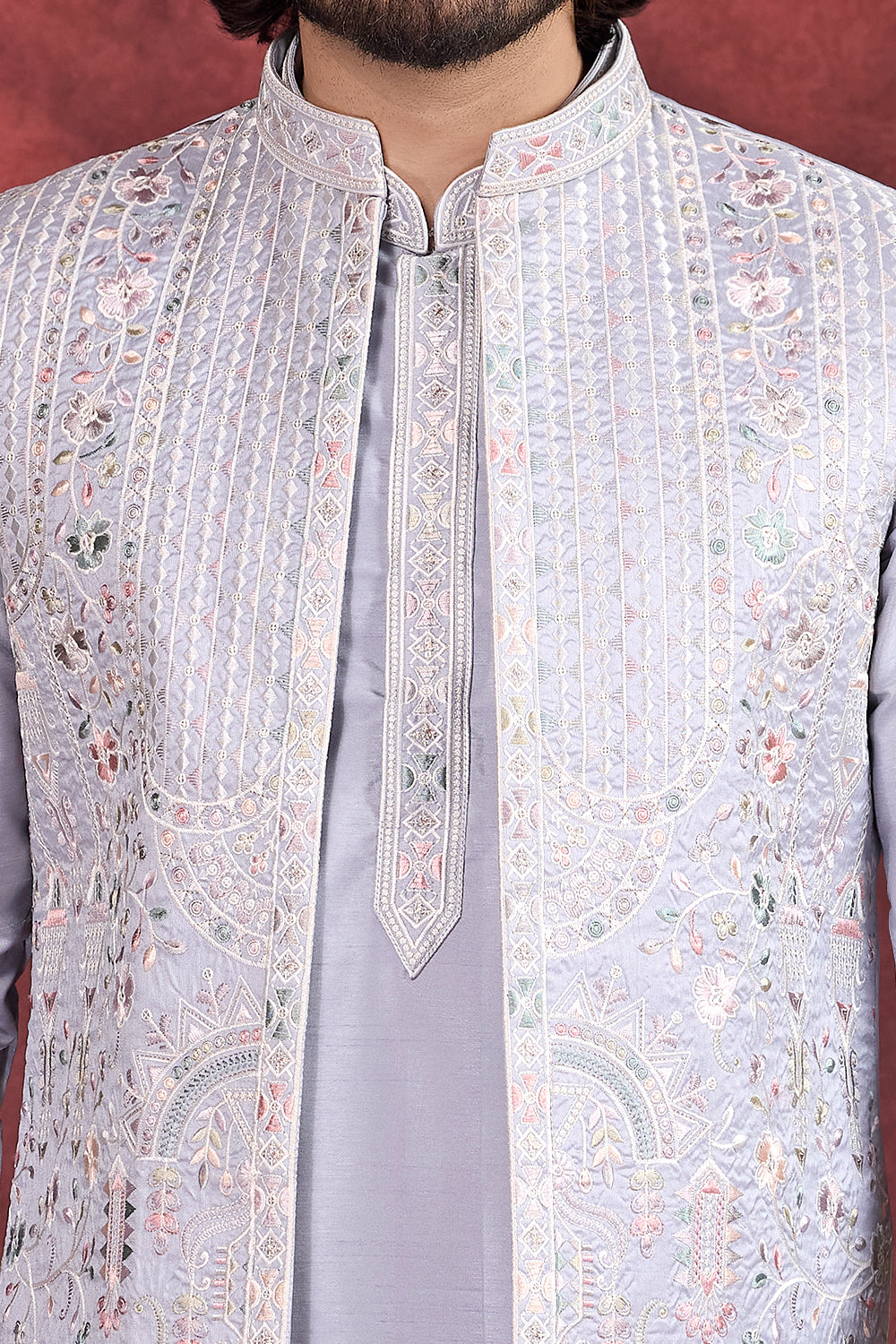 Grey Art Banarasi Silk 3 piece Long Kurta Jacket (NMK-8696) - Nihal Fashions