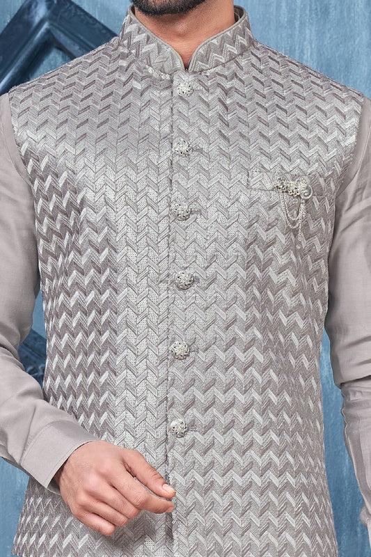 Grey Art Banarasi Silk Nehru Jacket (NMK-7441) - Nihal Fashions