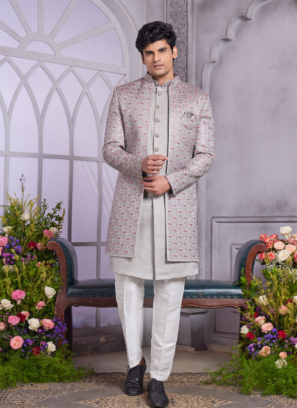 Grey Art Silk 2 Pcs Jacket Set (NMK-8321) - Nihal Fashions