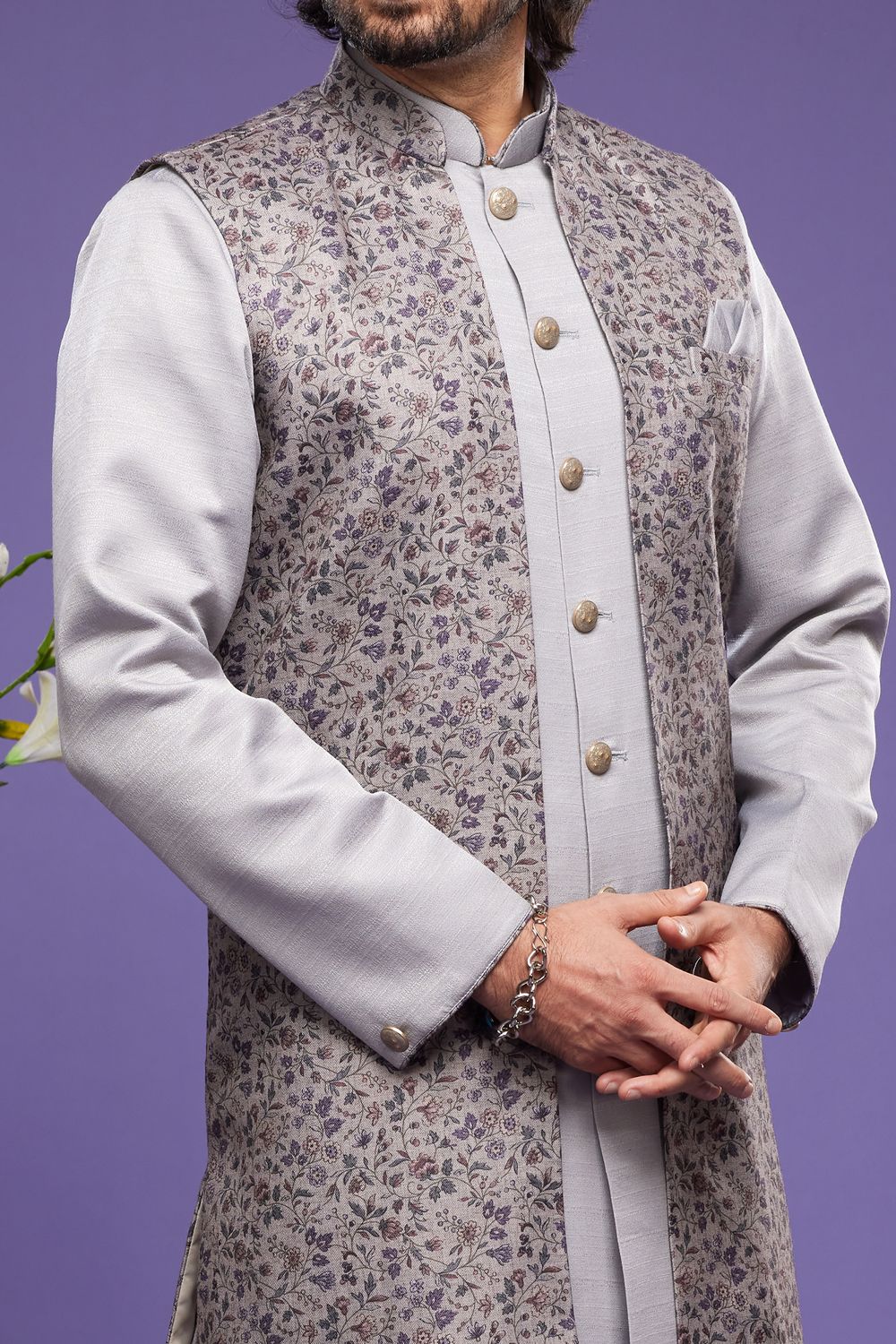 Grey Art Silk Indo Western with Long Jacket (NMK-7080) - Nihal Fashions