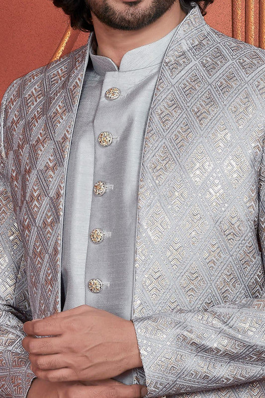 Grey Art Silk Mens Indo Western (NMK-7682) - Nihal Fashions