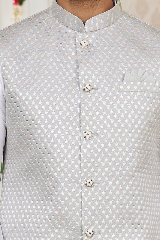Grey Art Silk Nehru Jacket for Men (NMK-7975) - Nihal Fashions