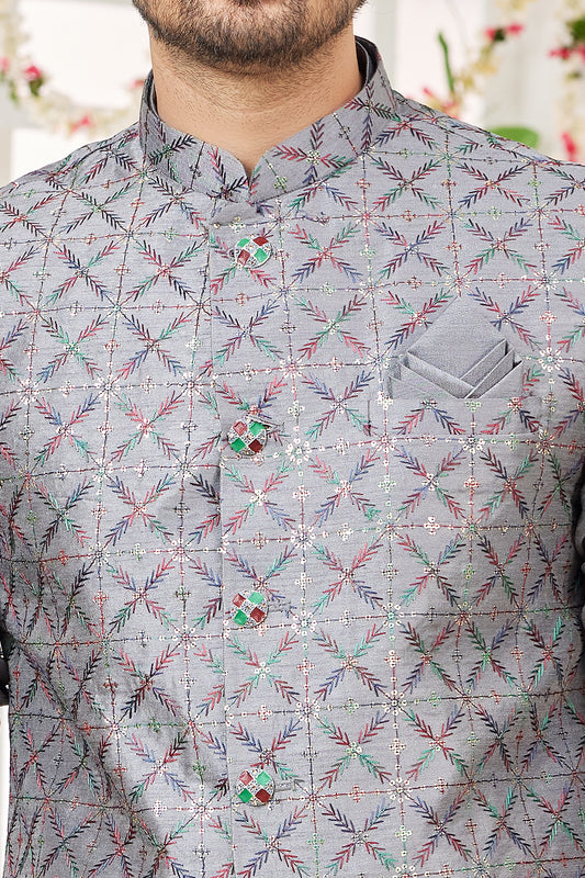 Grey Art Silk Nehru Jacket (NMK-7977) - Nihal Fashions