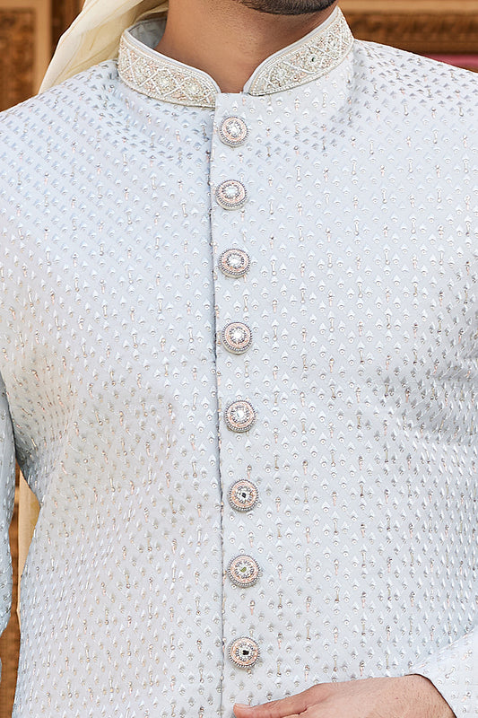 Grey Art Silk Sherwani for Men (NMK-8185) - Nihal Fashions