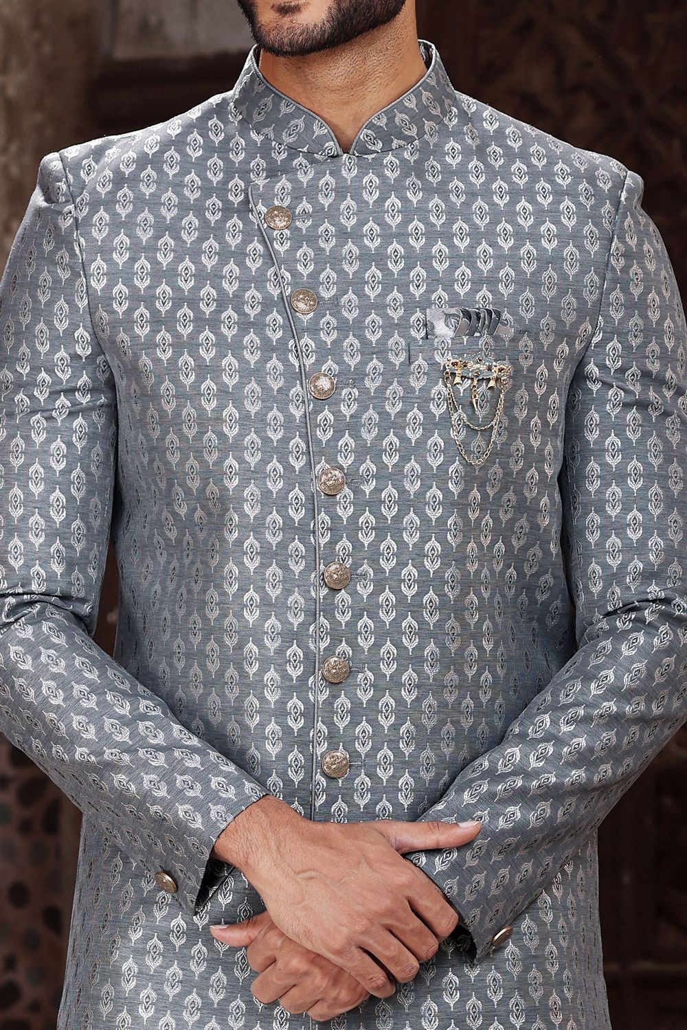Grey Banarasi Jaquard Indo Western (NMK-6867) - Nihal Fashions