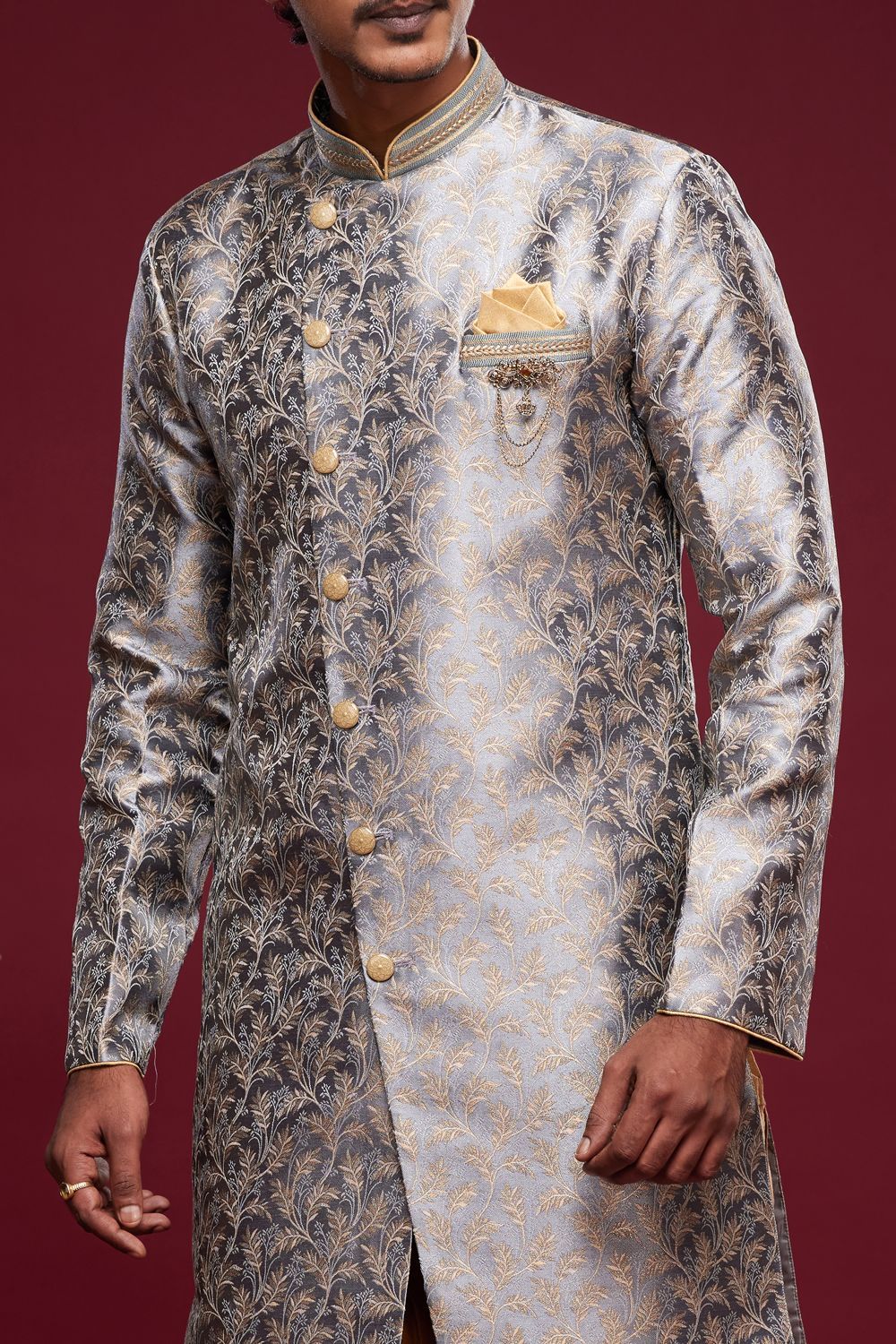 Grey Banarasi Jaquard Mens Indo Western (NMK-6989) - Nihal Fashions