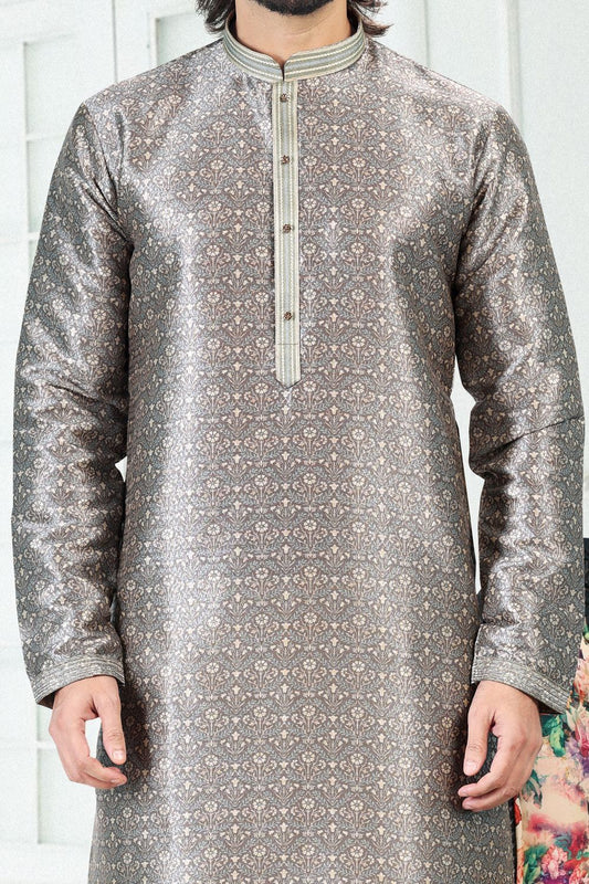 Grey Banarasi Silk Kurta for Men (NMK-6694) - Nihal Fashions