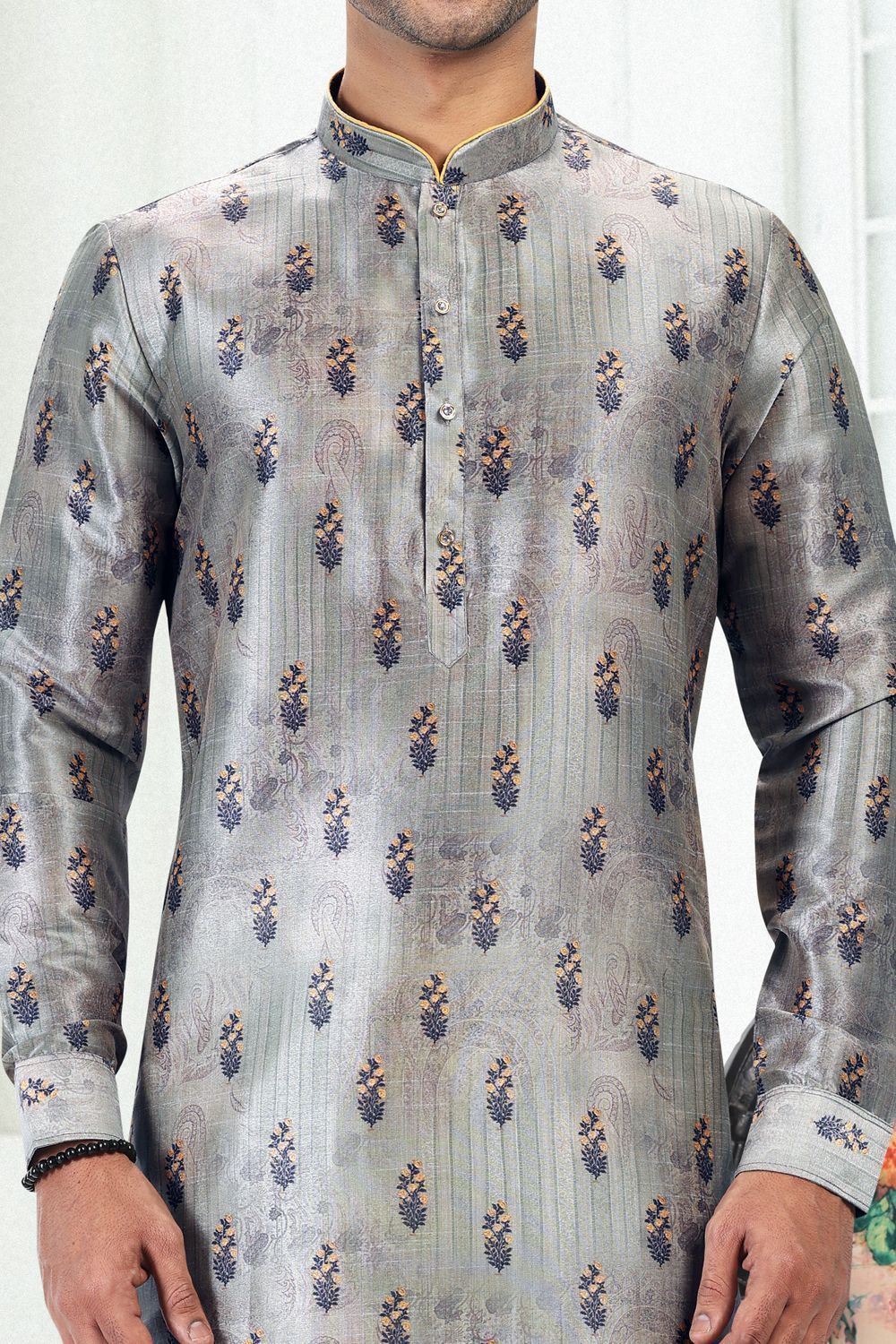 Grey Banarasi Silk Kurta Pajama for Men (NMK-6705) - Nihal Fashions