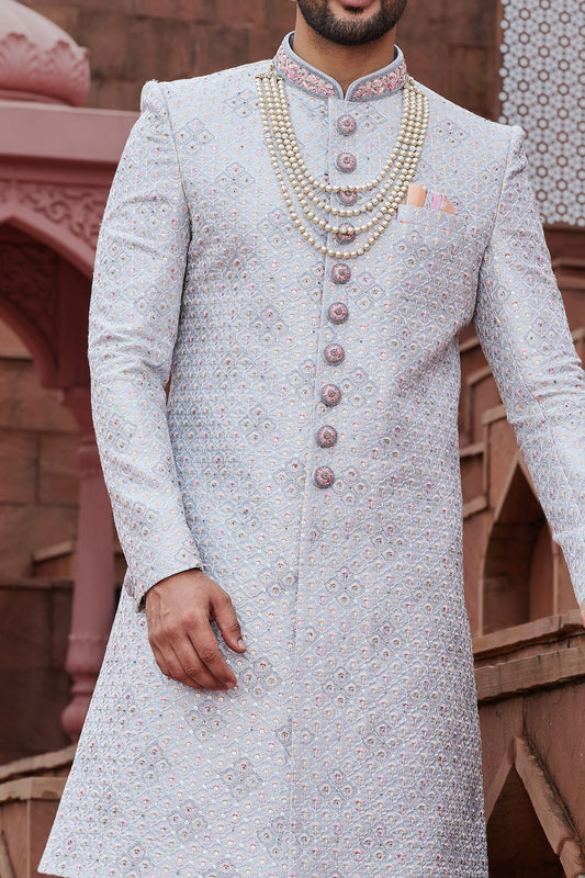 Grey Blue Art Silk Sherwani (NMK-7169) - Nihal Fashions