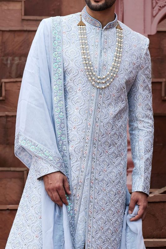 Grey Blue Art Silk Wedding Sherwani (NMK-7161) - Nihal Fashions