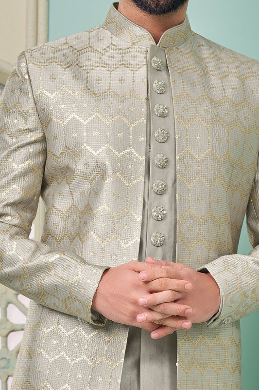 Grey Embroidered Art Silk Mens Indo Western (NMK-7658) - Nihal Fashions