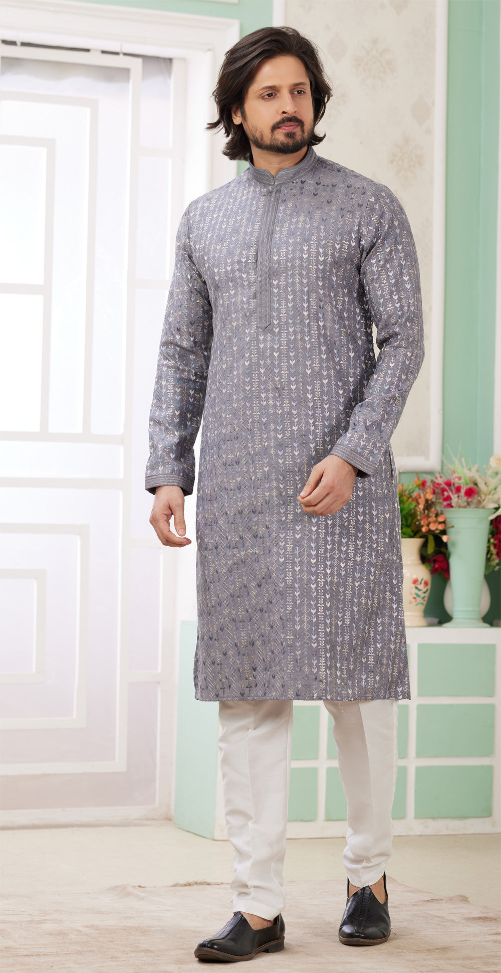 Grey Embroidered Art Silk Mens Kurta Pajama (NMK-8357) - Nihal Fashions
