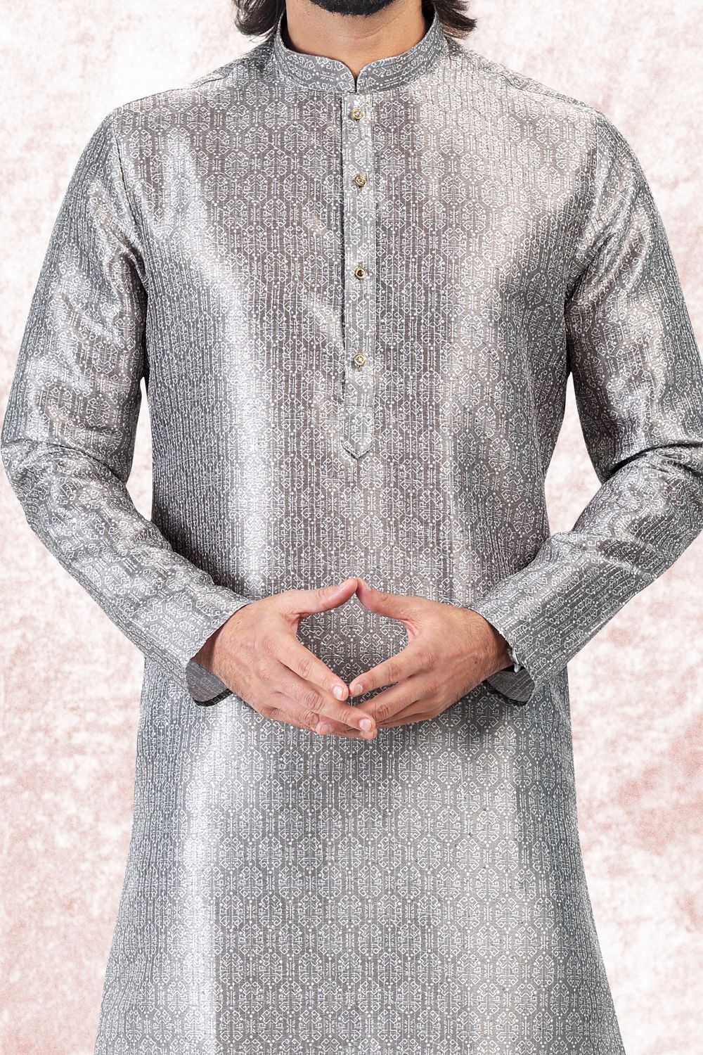 Grey Jaquard Banarasi Silk Casual Kurta (NMK-6726) - Nihal Fashions