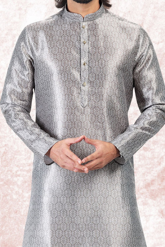 Grey Jaquard Banarasi Silk Casual Kurta (NMK-6726) - Nihal Fashions