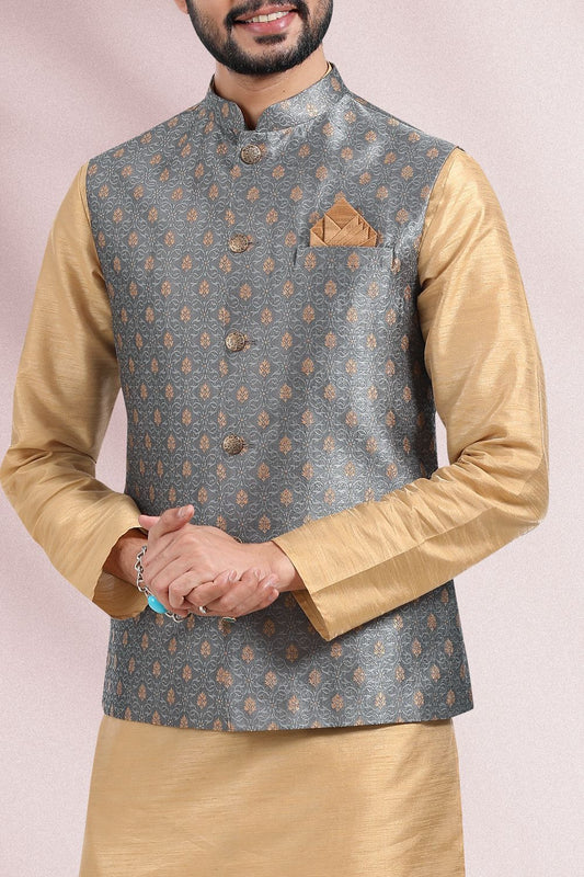 Grey Jaquard Banarasi Silk Nehru Jacket (NMK-6682) - Nihal Fashions