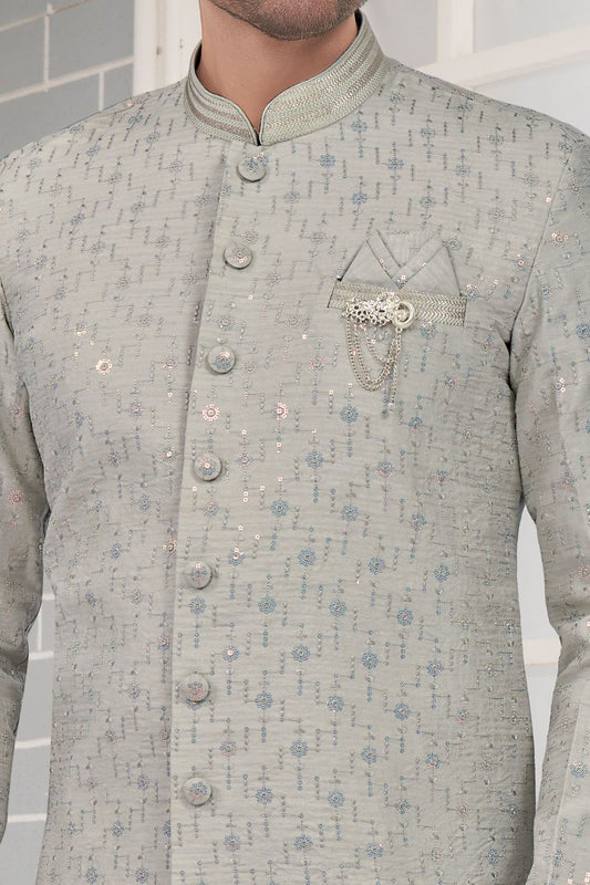 Grey Jaquard Indo Western for Men (NMK-7343) - Nihal Fashions