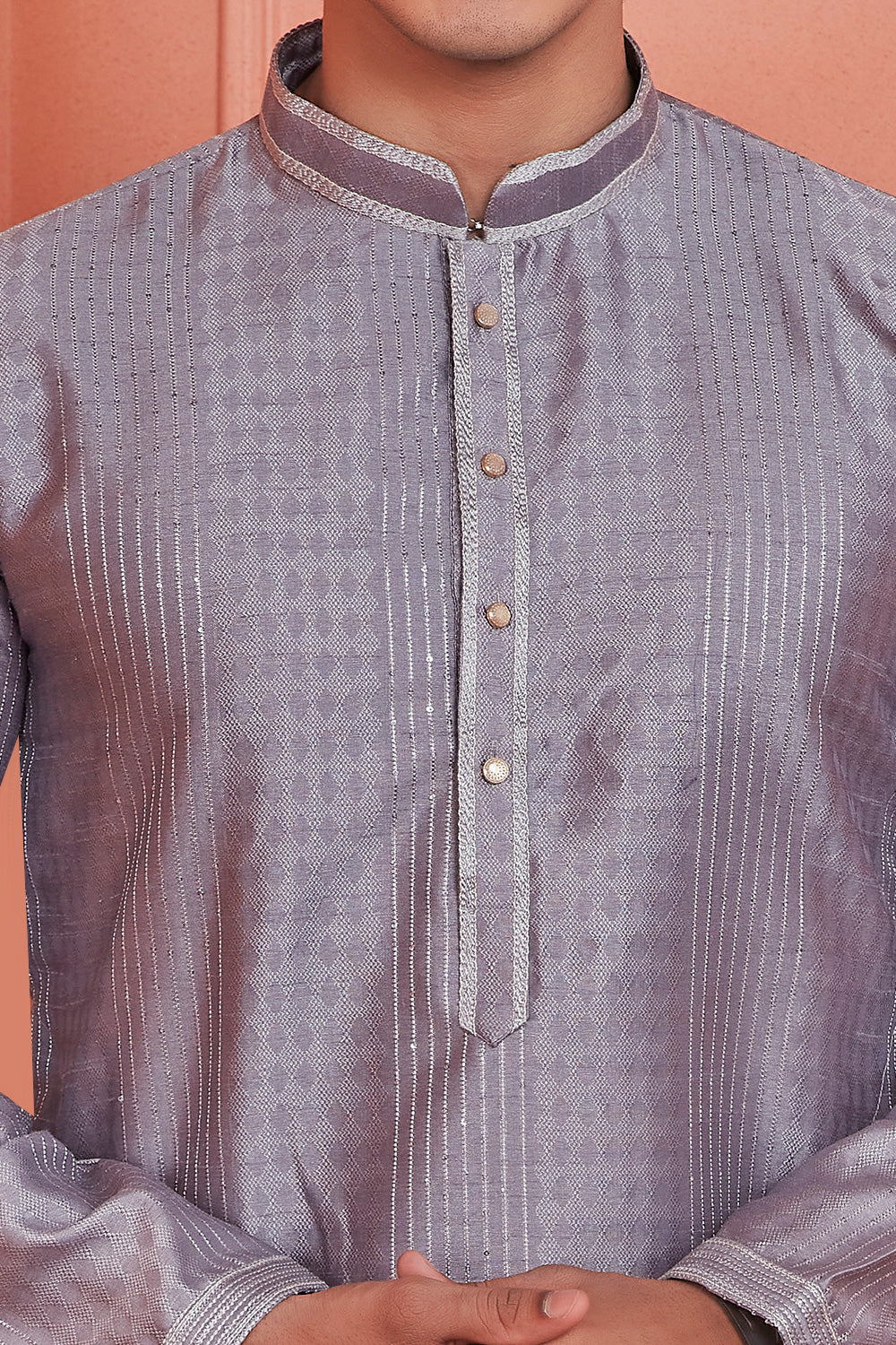 Grey Jaquard Silk Brocade Kurta Pajama (NMK-8147) - Nihal Fashions