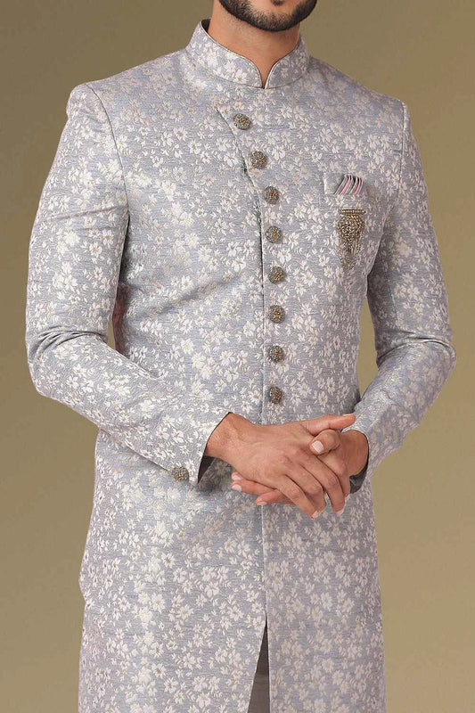 Grey Jaquard Silk Brocade Mens Indo Western (NMK-5363)