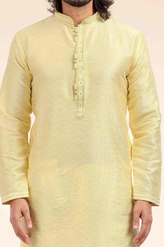 Jaquard Banarasi Silk Mens Kurta Pajama in Lemon (NMK-6444)