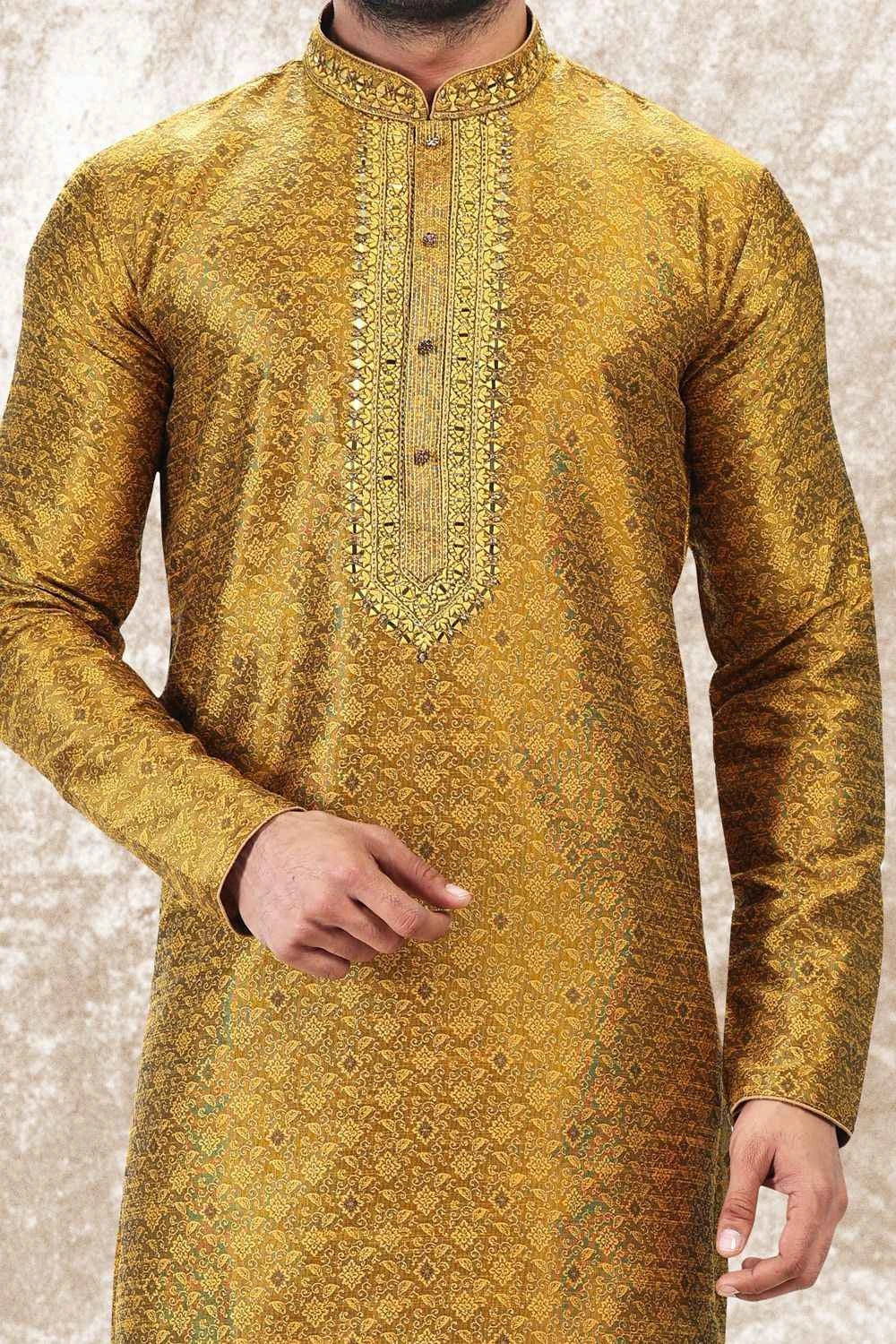 Jaquard Silk Brocade Golden Kurta Pajama (NMK-6593)