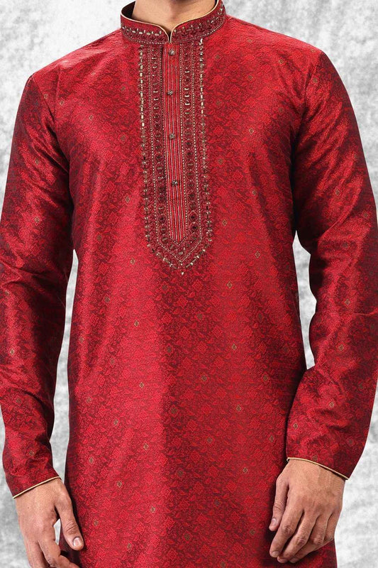 Jaquard Silk Brocade Maroon Kurta Pajama (NMK-6594)