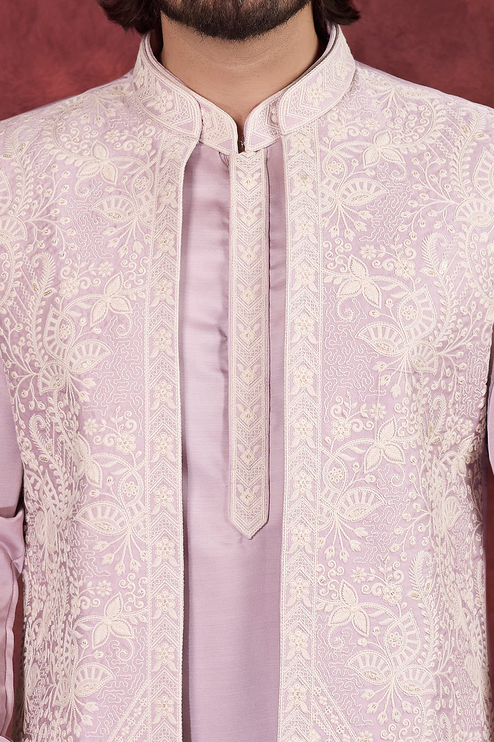 Lavender Art Banarasi Silk 3 piece Long Kurta Jacket (NMK-8694) - Nihal Fashions