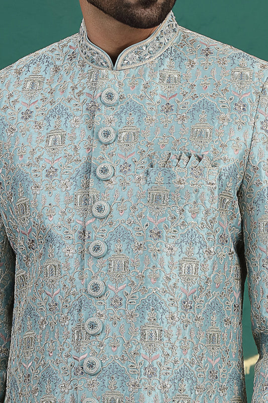 Light Blue Art Silk Sherwani (NMK-8608) - Nihal Fashions