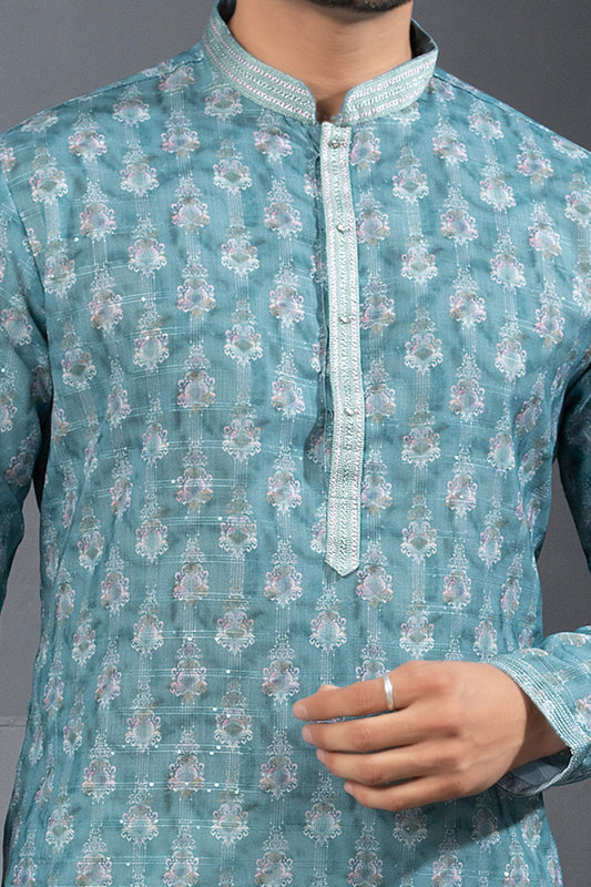 Light Blue Printed Cotton Silk Kurta Pajama (NMK-8783) - Nihal Fashions