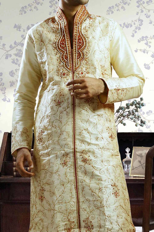 Light Gold Art Dupion Designer Kurta Pajama (NMK-1039)