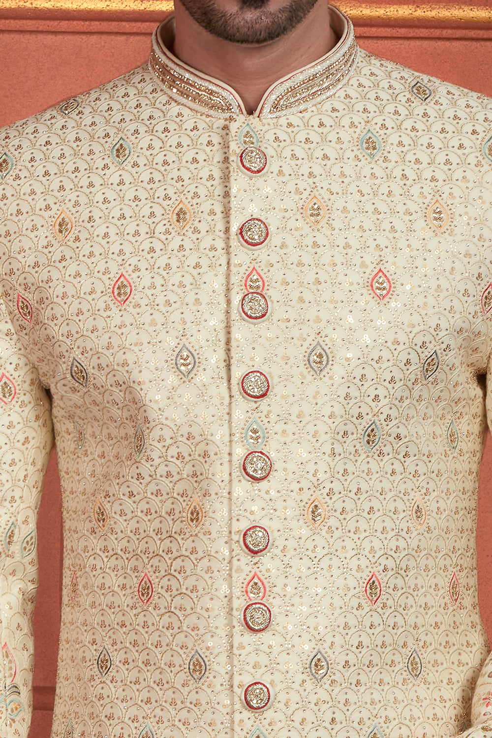 Light Gold Art Silk Sherwani (NMK-7896) - Nihal Fashions