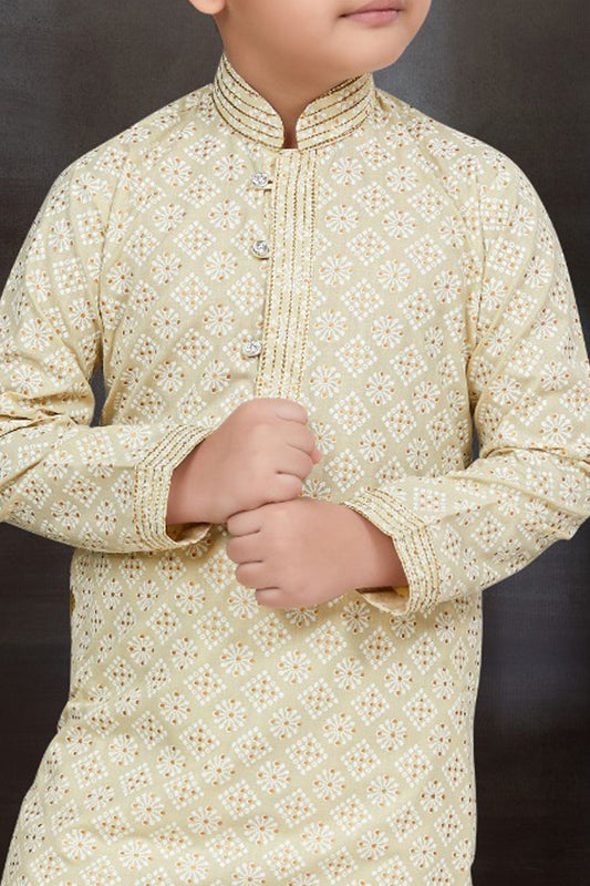 Light Gold Cotton Printed Boys Kurta Pajama (NKK-779) - Nihal Fashions