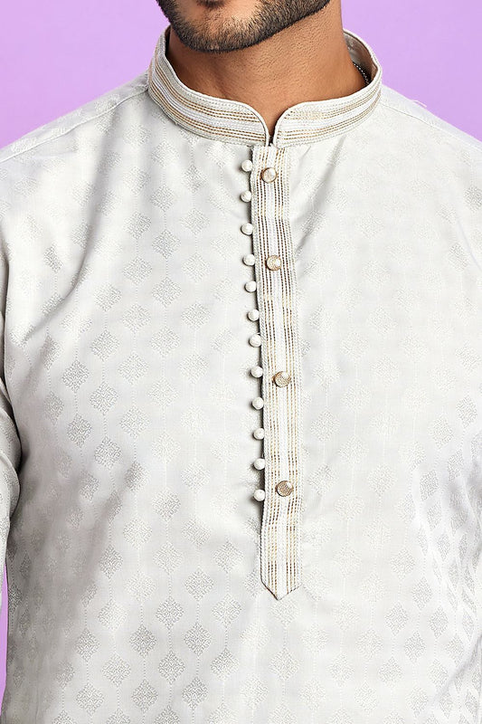 Light Grey Jaquard Silk Kurta Pajama (NMK-7569) - Nihal Fashions