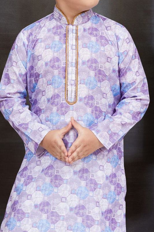 Light Lavender Cotton Printed Boys Kurta Pajama (NKK-773) - Nihal Fashions