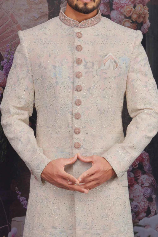 Light Peach Cream Georgette Lucknowi Sherwani (NMK-4765)