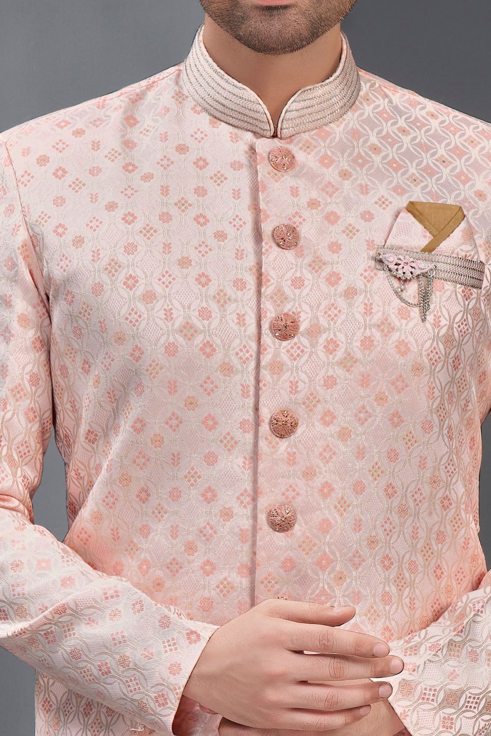 Light Peach Jaquard Indo Western (NMK-7324) - Nihal Fashions