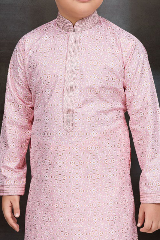 Light Pink Cotton Printed Boys Kurta Pajama (NKK-777) - Nihal Fashions