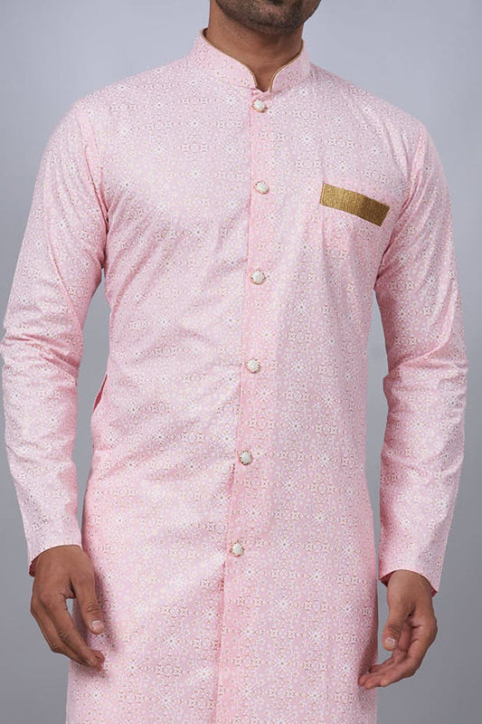 Light Pink Cotton Printed Mens Indo Western (NMK-6937) - Nihal Fashions